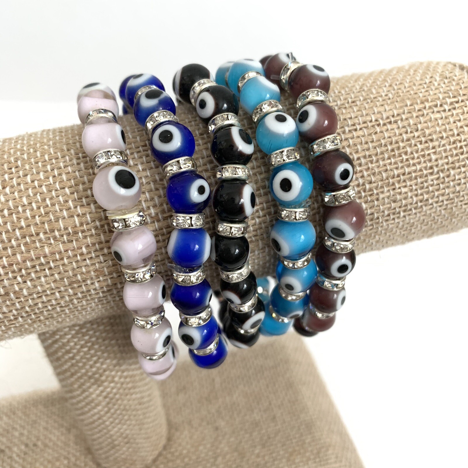 Evil Eye Bracelets Medium Glass Beads Crystals Elastic String Many Colors Stack