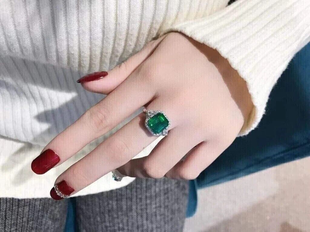 6.80Ct Emerald Cut Natural Emerald & Diamond Wedding Ring 14K Solid White Gold