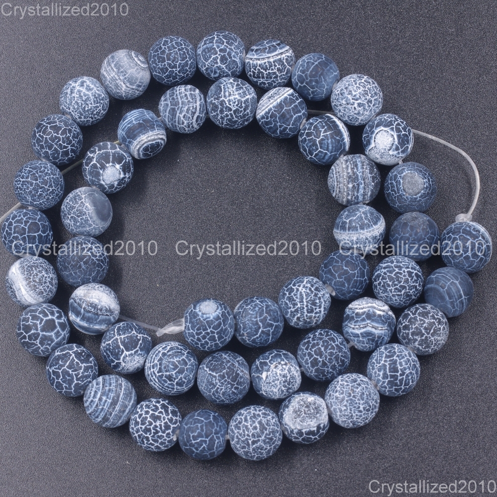 Matte Frosted Black Fire Crackle Agate Gemstones Round Beads 6mm 8mm 10mm 15″