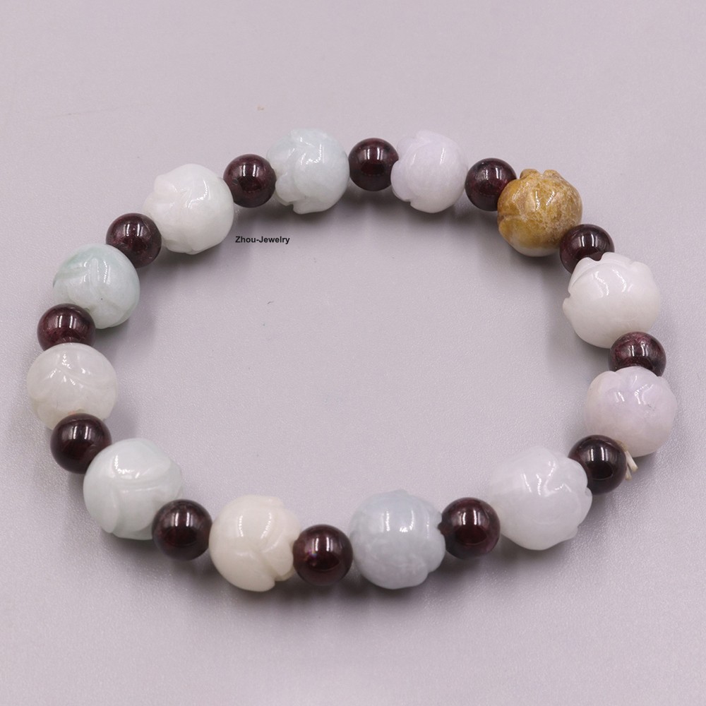 Natural Grade A Jade 10mm Rose Bead and Garnet Bead Handmade Elastic Bracelet
