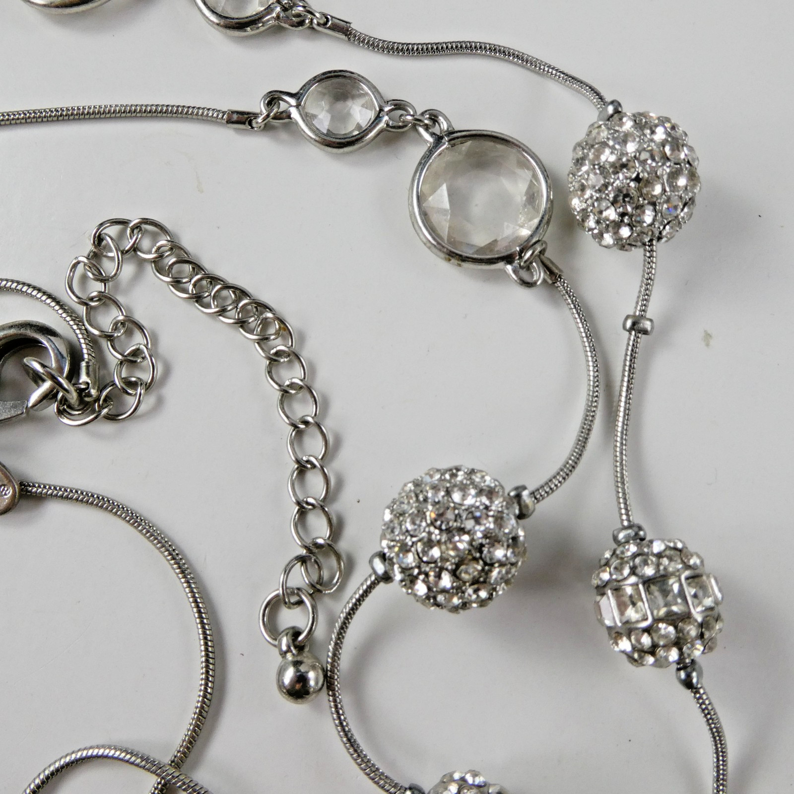 Pretty CHICO’S Silver Tone Crystal Rhinestone Ball Bead Long Strand Necklace