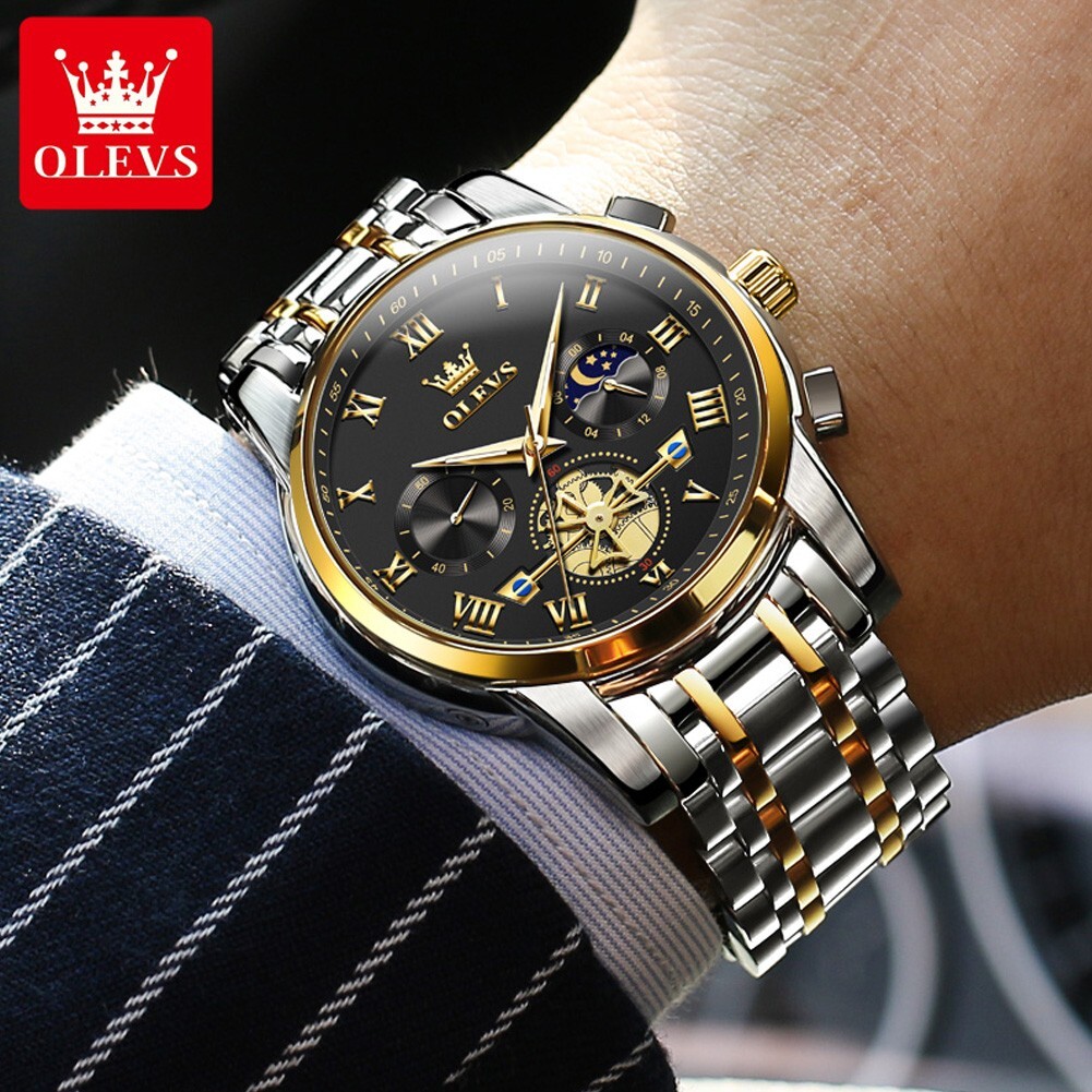 OLEVS Quartz Men’s Watch, Stainless Steel, Chronograph, Waterproof, Moon Phases