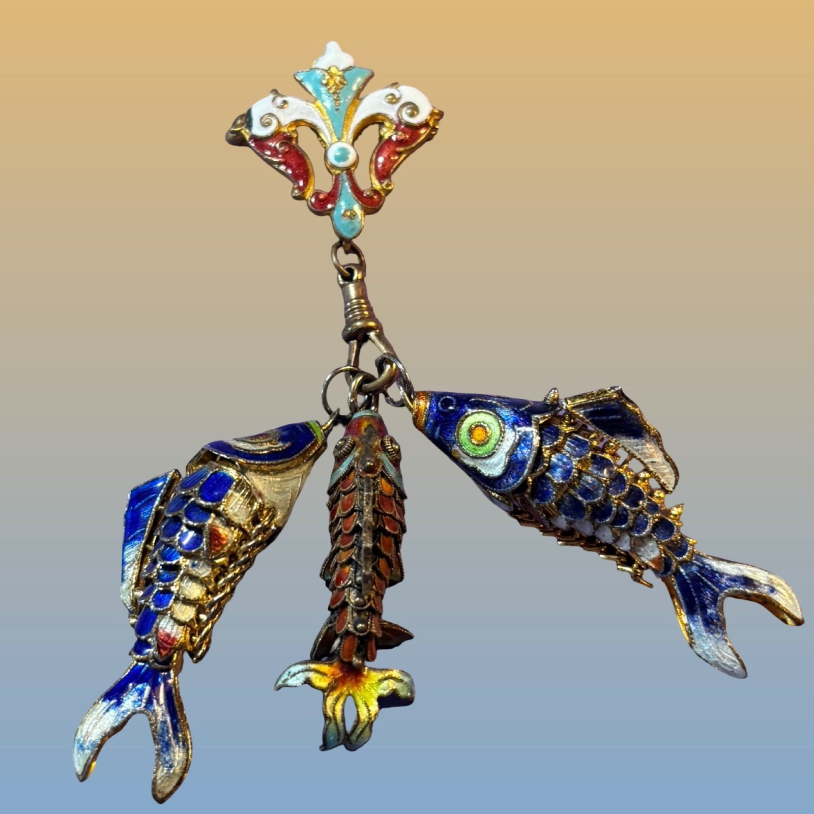 Cloisonné Enamel Three Fish Dangling from Fleur-de-lis brooch Brooch Statement