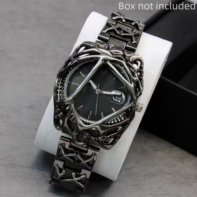 Y2K Alabaster Watch Mens Silver Black Vine Spider Web Cyber Goth Quartz Date