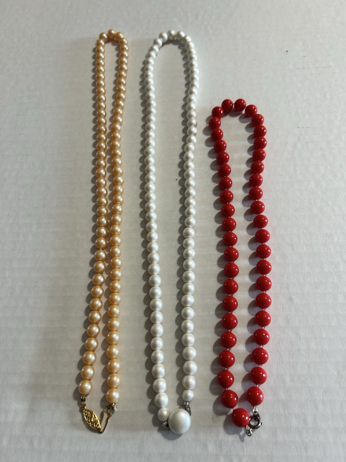 Vintage Lot 3 Beaded Necklaces Faux Pearl Red White Costume Jewelry
