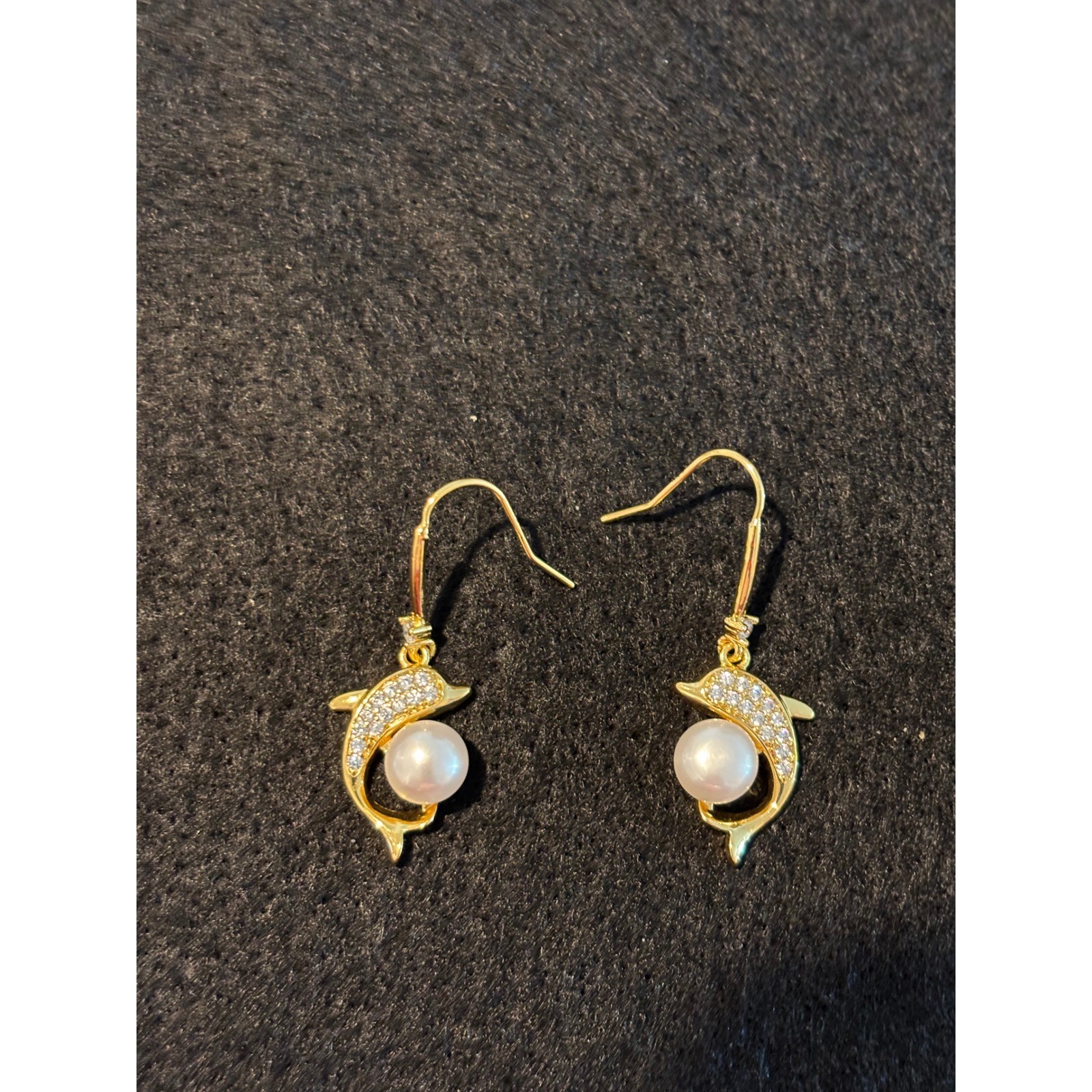 Gold Dolphin Pearl and Crystal Drop Earrings French Hook