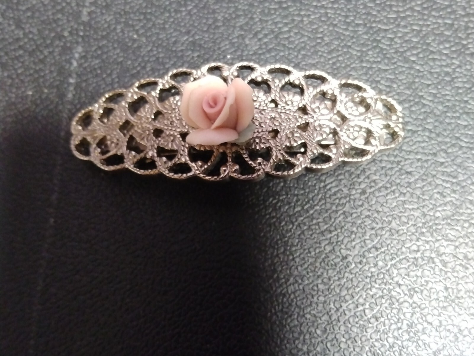 Vintage Made In France Small Bar Brooch Pin Pink Rose Porcelain Silver Filagree