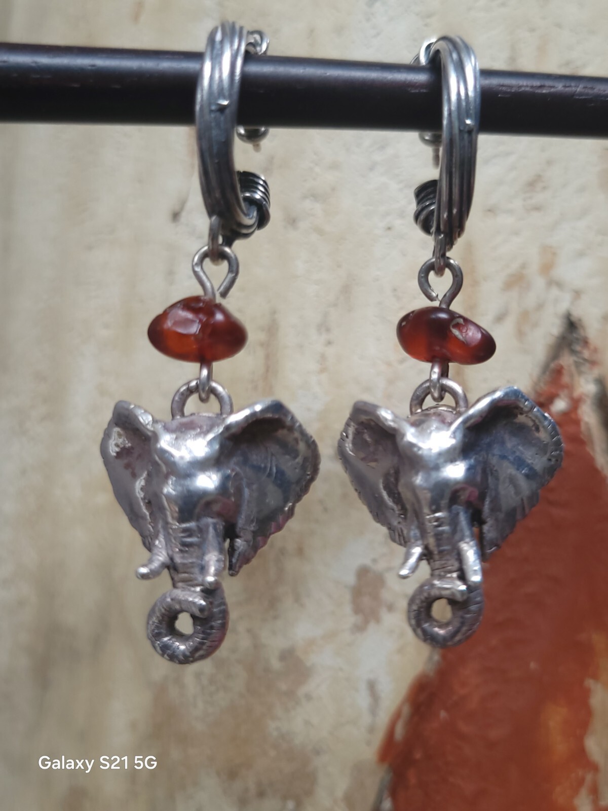 Susan Cummings Elephant Earrings Dangle Sterling Silver & Amber 2″ Long 1990s