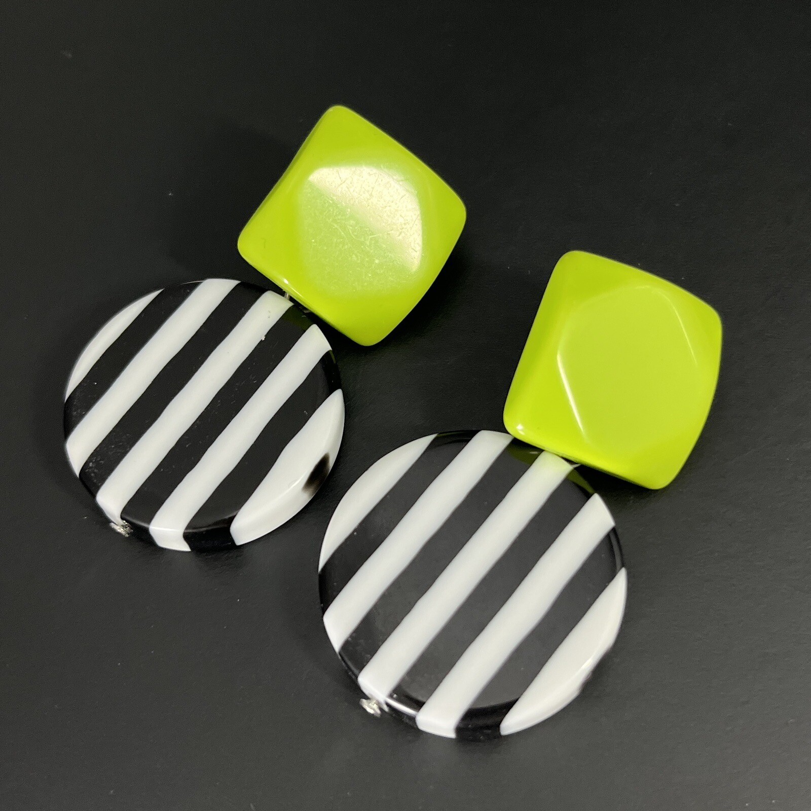 Layered Lucite Stripe Earrings Black White Lime Green Pierced Post Modern Art