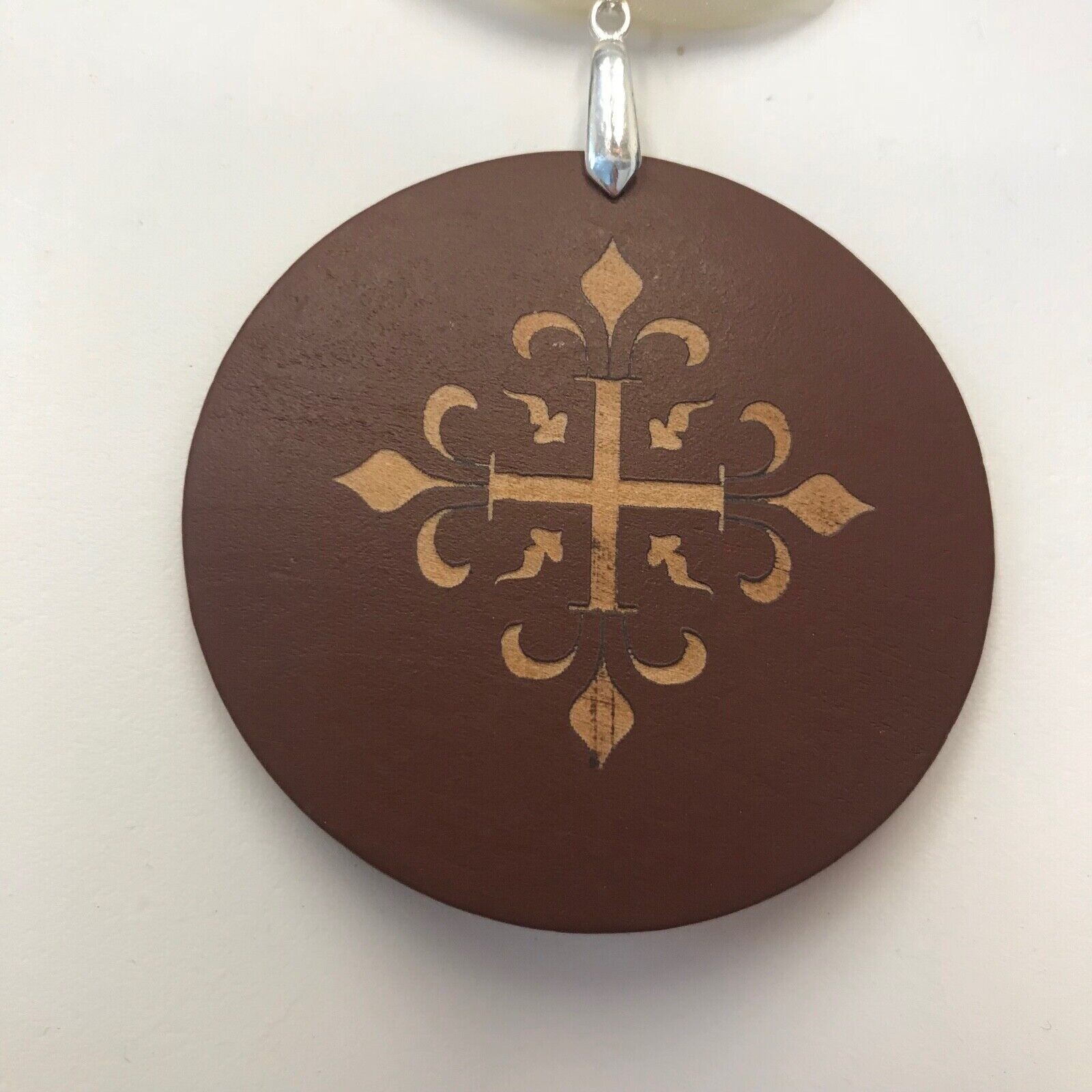 Brown Wood Pendant on an Ivory Organza Ribbon Necklace Silver Tone Metal