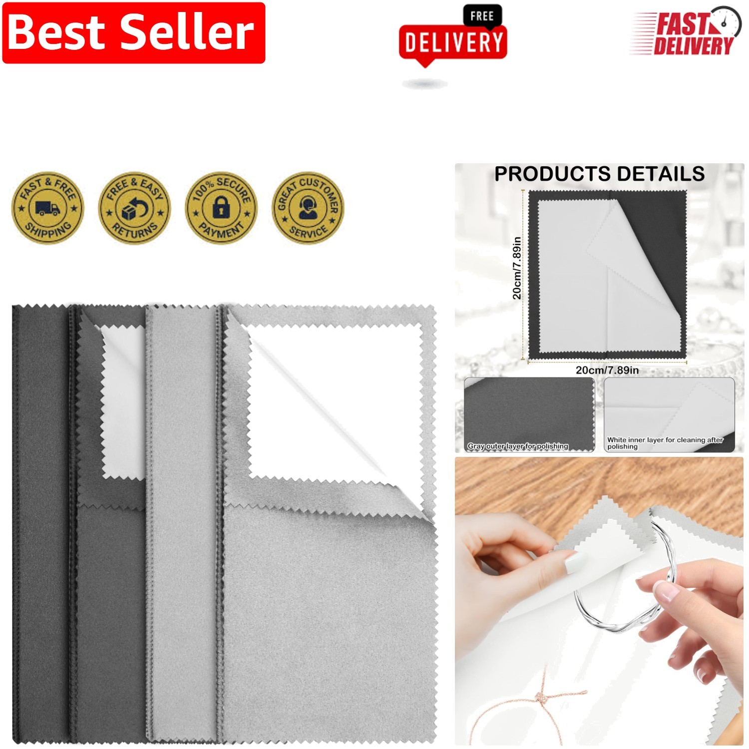 Versatile 4-Pack Polishing Cloths – Eco-Friendly Jewelry Cleaner for All Metals