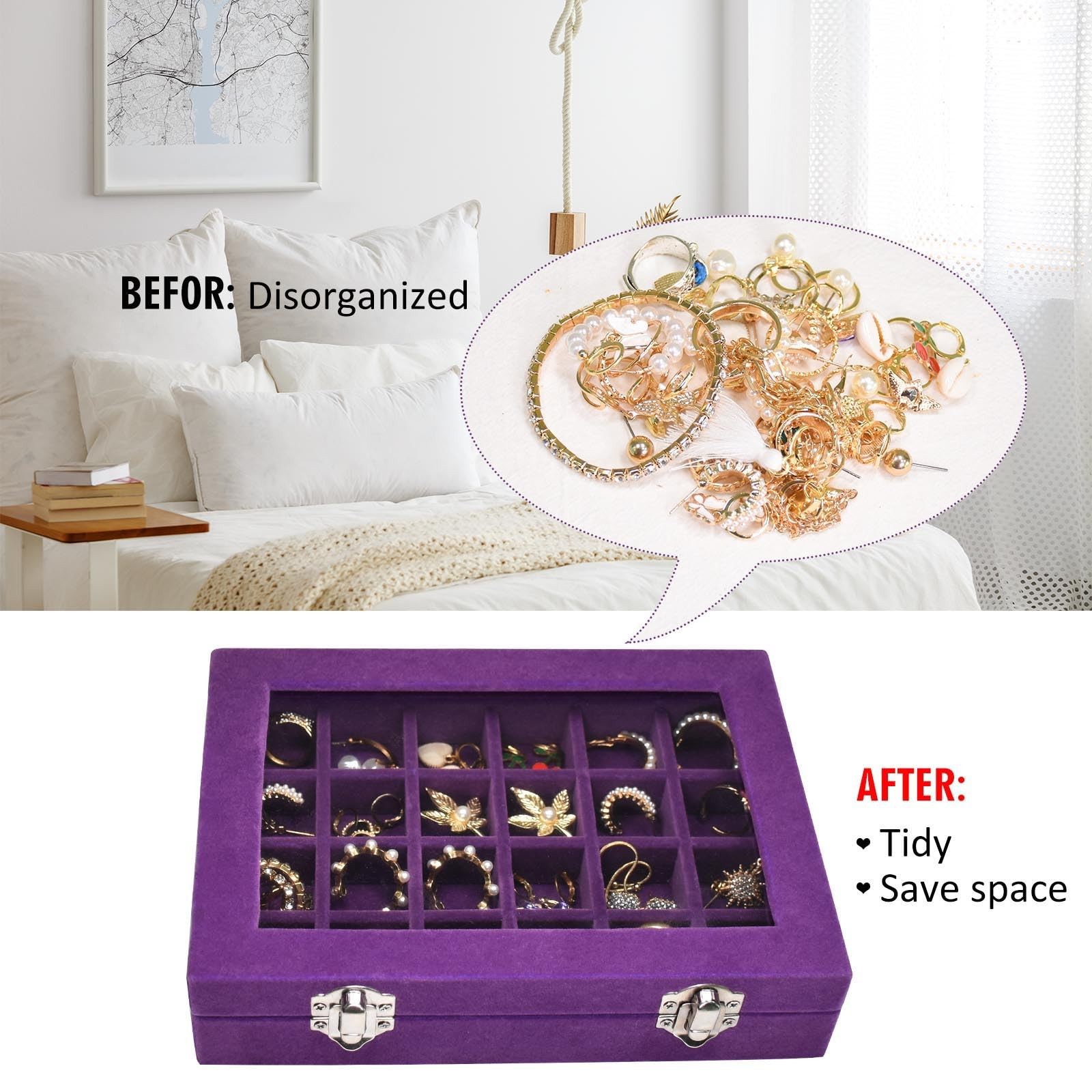 Vcoter Velvet Jewelry Box 24 Grid Ring Display 24 Grid, Purple