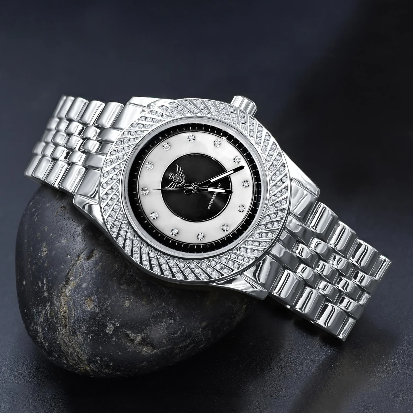 Iced Out Silver Mens Watch Japan Quartz Crystal Bezel Dress Luxury 43mm