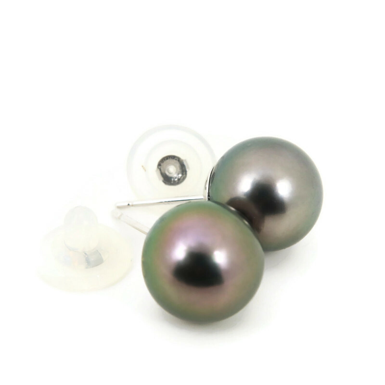 13.4mm Genuine Tahitian Pearl Stud Earrings, 14K Solid White Gold E2461