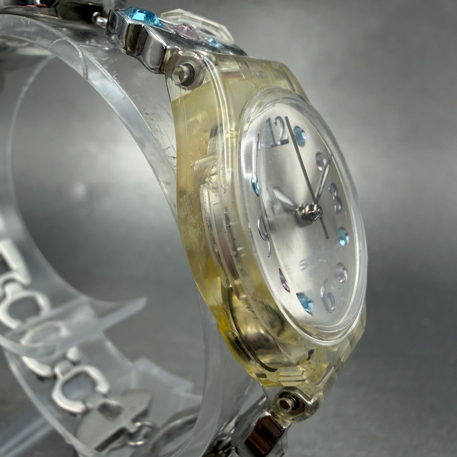 Swatch Menthol Tone Watch Women 25mm Silver Dial Clear Case LK292G New BatteryJK