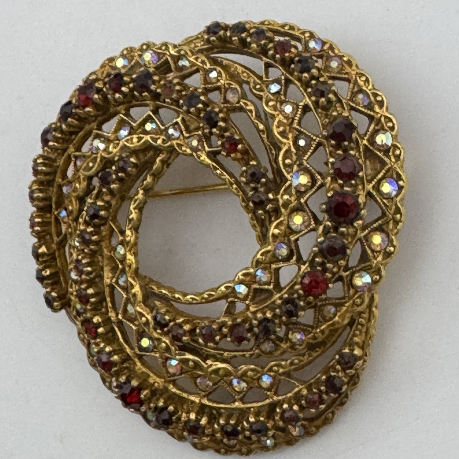Vintage Signed ART Arthur Pepper Brooch Pin AB Rhinestone Garnet Red Gold Tone