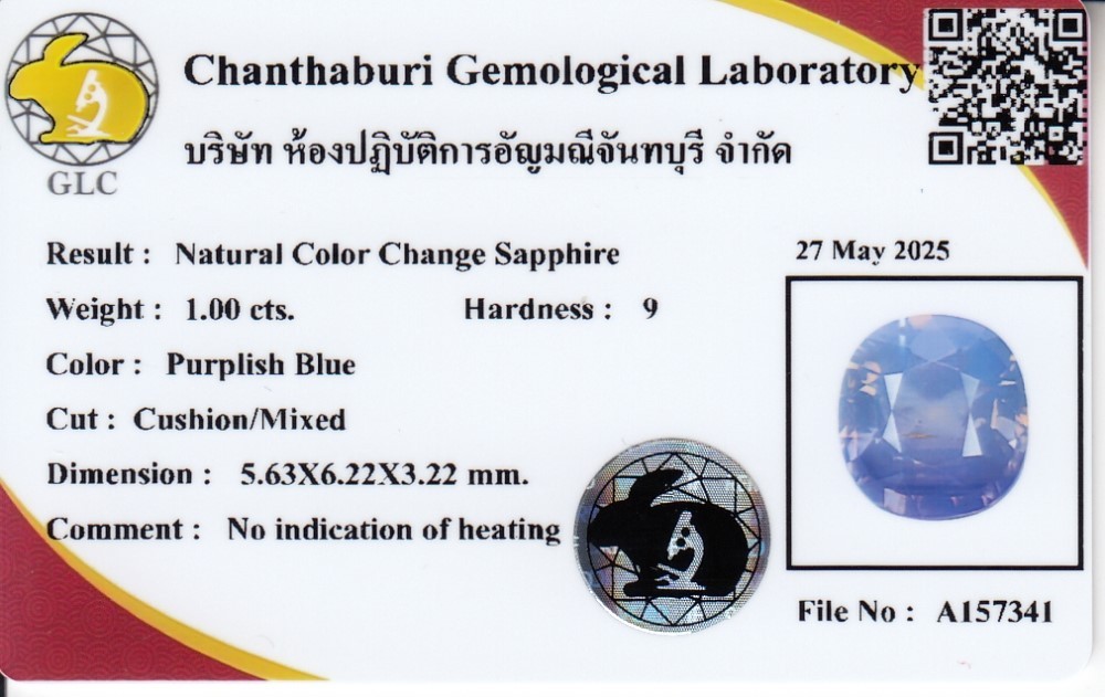 💎 GLC Report 1.00ct Cushion Color Change Sapphire – Unheated, Mozambique Gem
