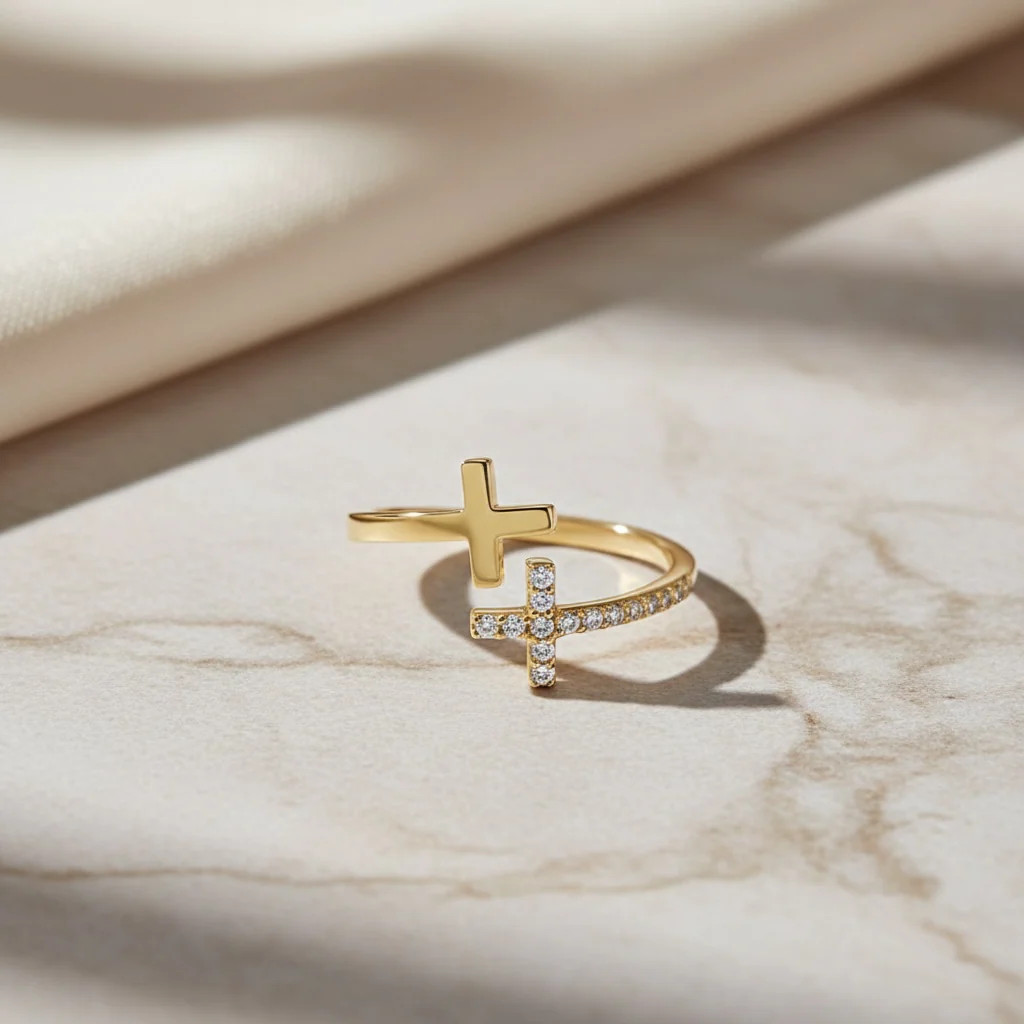 Gold & CZ Double Cross Ring by Stella Amoré: Adjustable Christian Jewelry