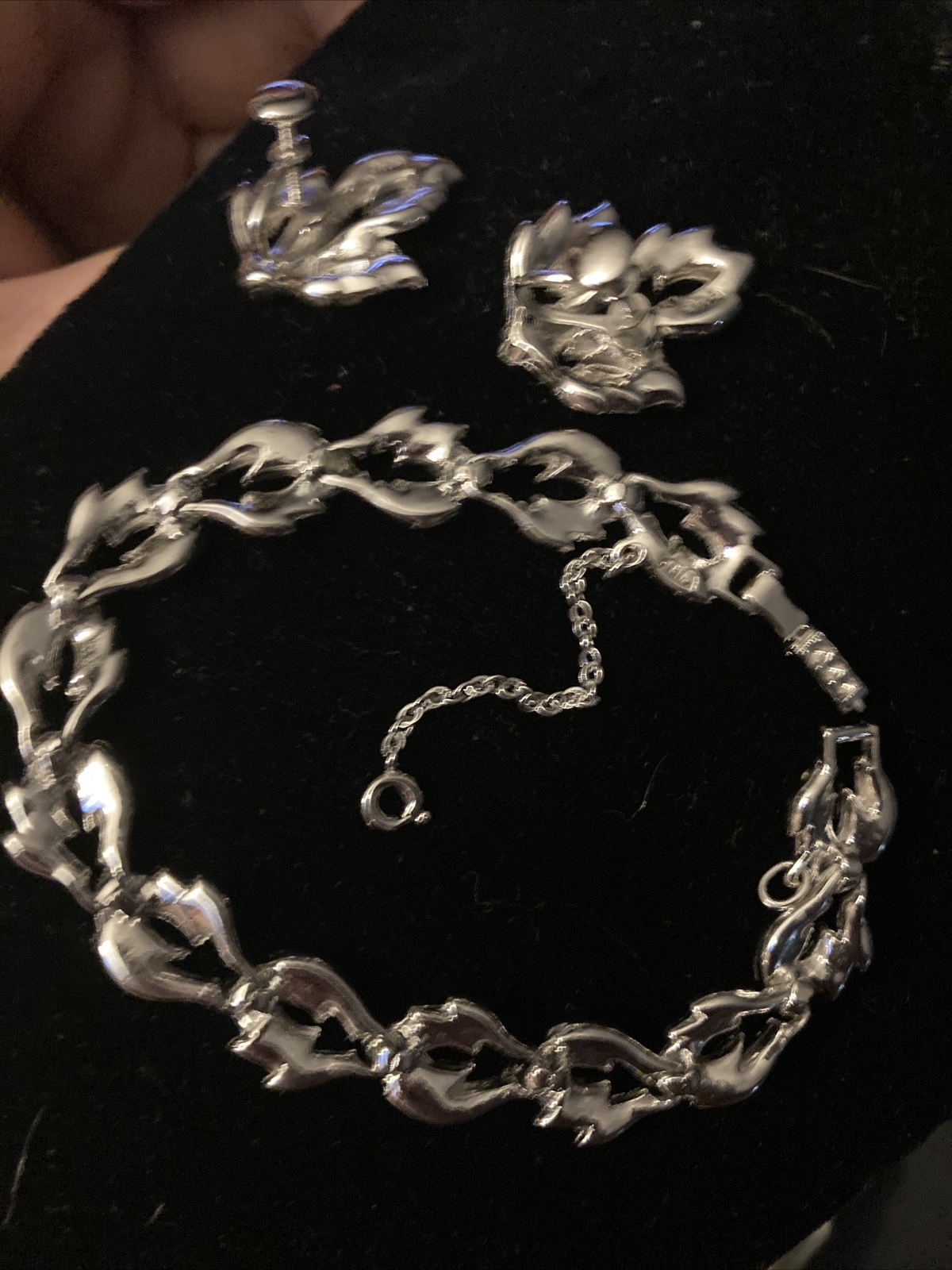 Vintage Ora Rhinestone SilverTone Safety Chain Bracelet 8”+ORA Earrings Set