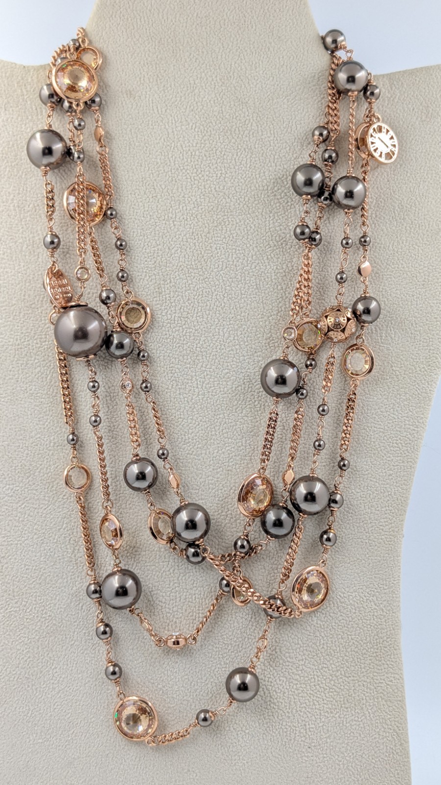 HENRI BENDEL Gold Rose Tone, Crysta & Faux Pearl Two Strand Long Necklace 40”