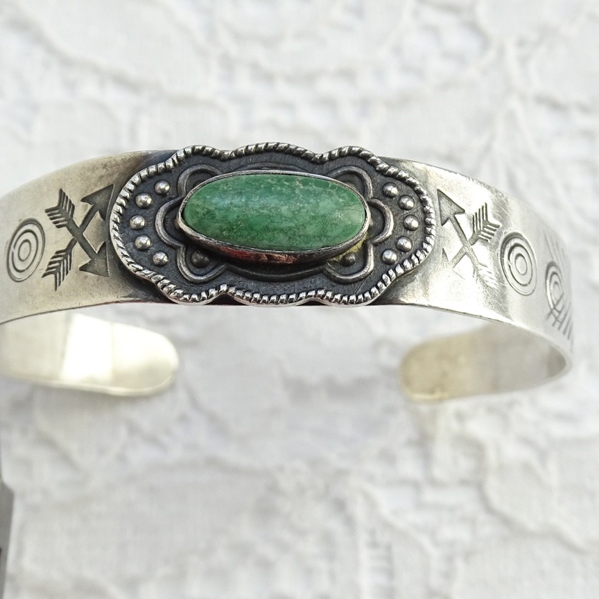 Fred Harvey Era Native American 5 1/4” Turquoise Cuff Bracelet Stamp Decorated