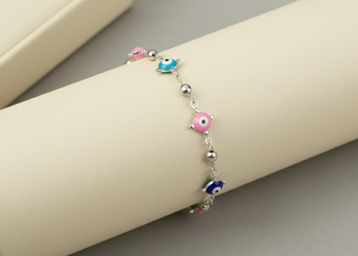 Elegant Multi-Color Beaded Evil Eye Bracelet | Handmade 925 Silver Plated Chain