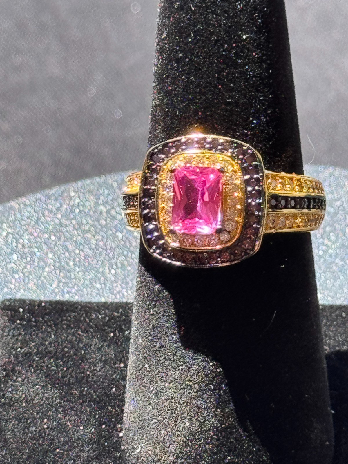 Uniquely Gorgeous Cushion Cut Pink Halo Ring with Brown & Clear 5A CZ Size 7 FS