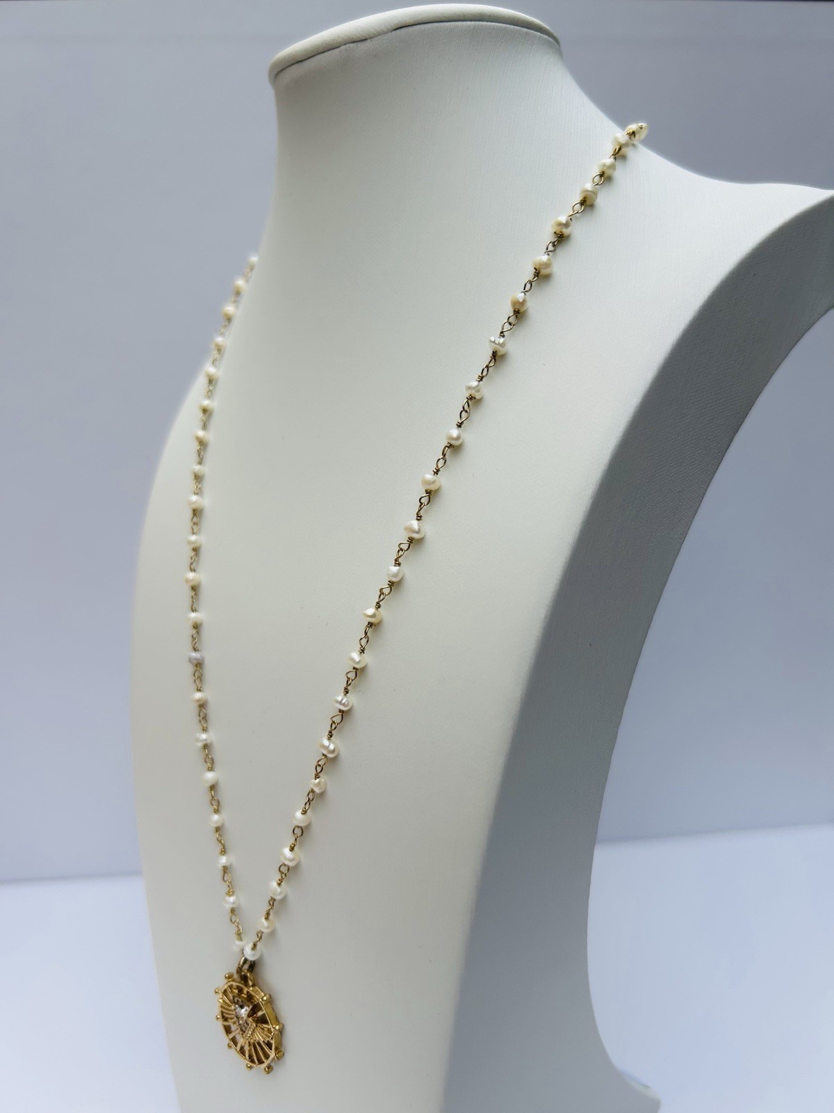 CAbi Gold Tone Pearl Necklace Medallion Pendant Adjustable Statement