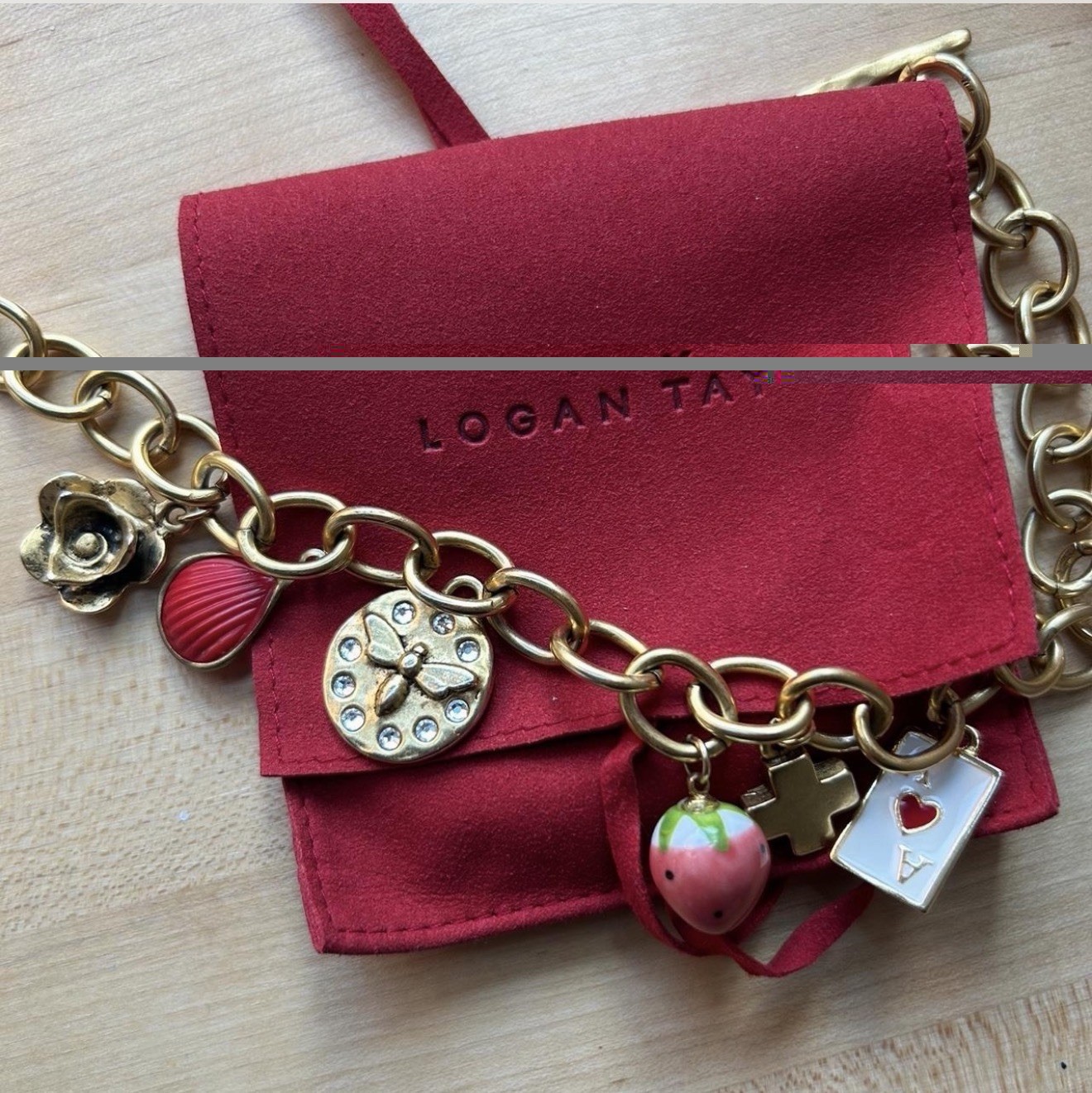 Logan Tay Gold Tone Rolo Chain Charm Necklace Toggle Closure Signed