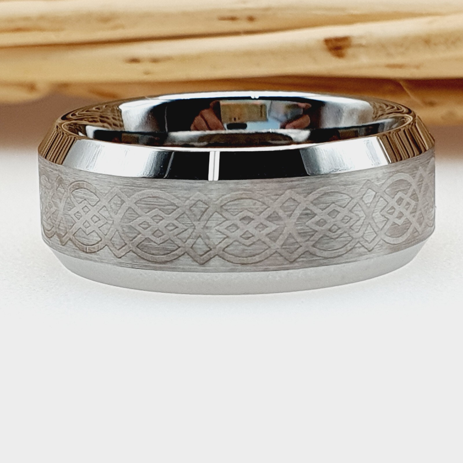 Silver Celtic Knot Inlay Ring High Polished Tungsten Anniversary & Promise Band