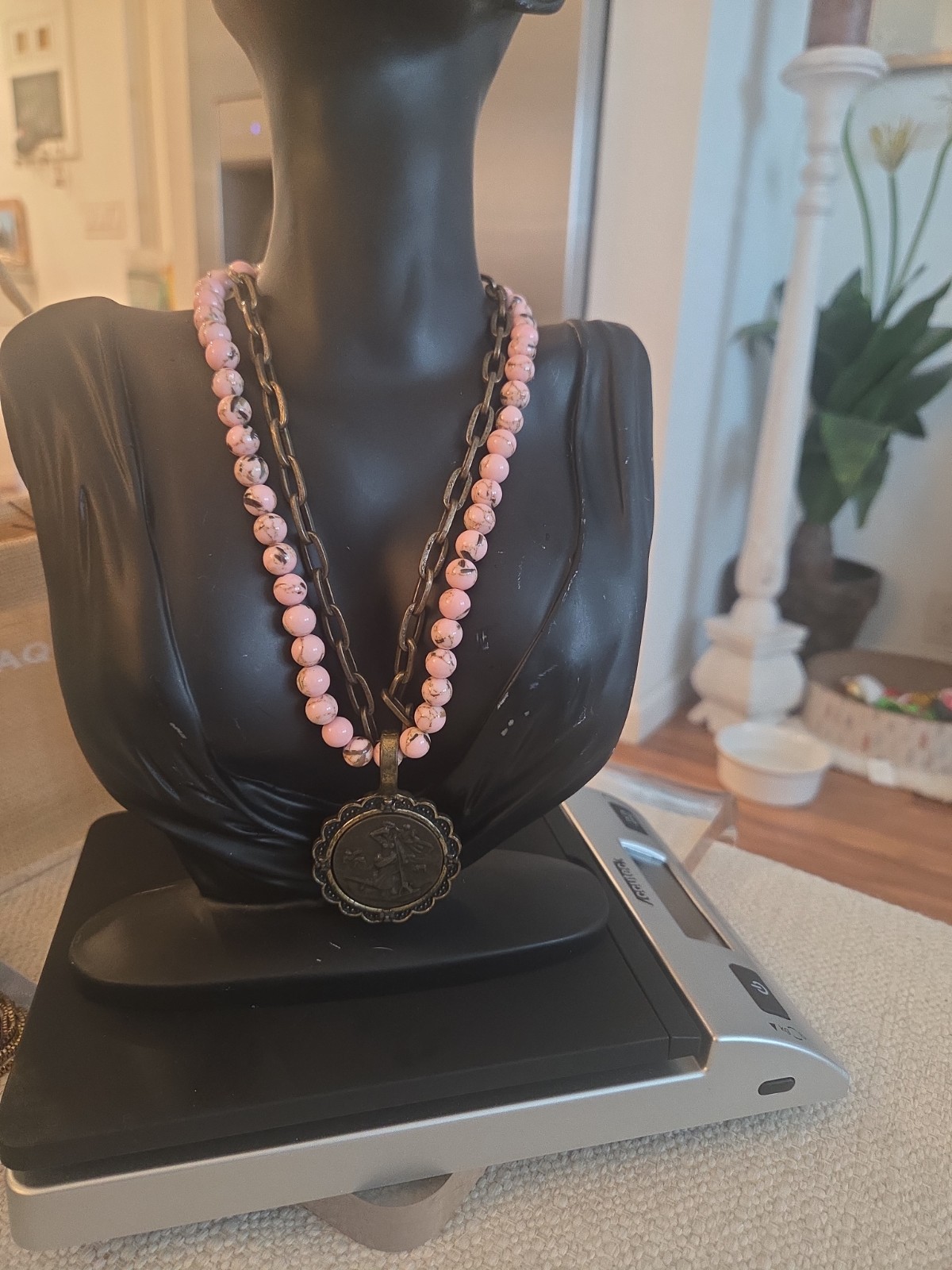 Unique Heavy Bronze Coin Necklace With Abalone Shell Pearls