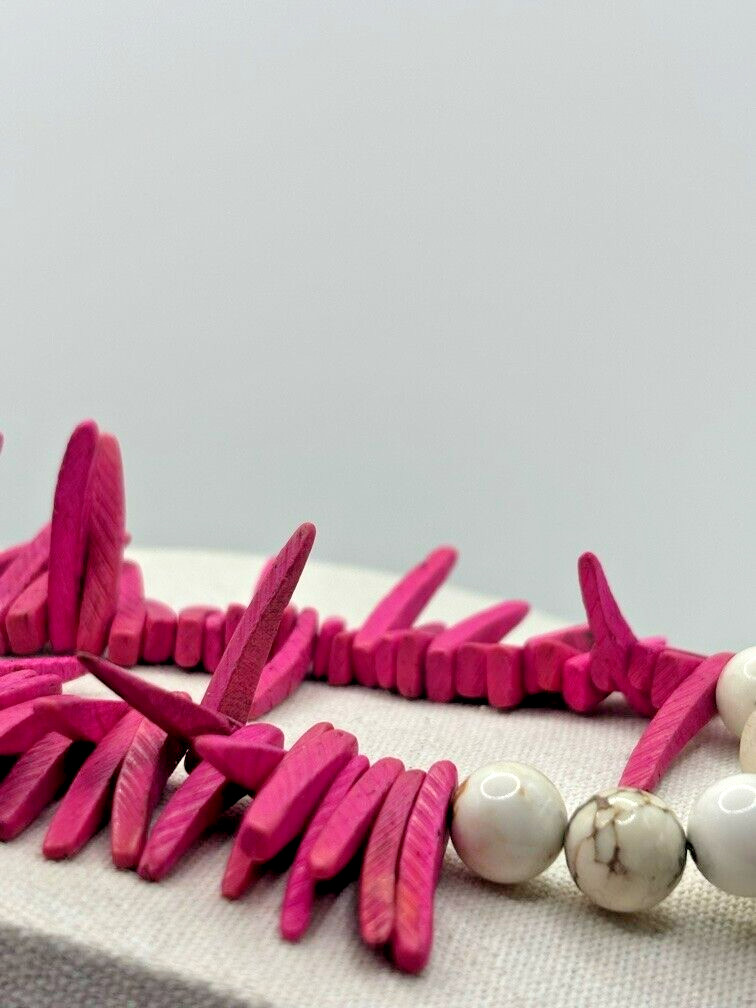 Pink Cocowood Chip Howlite Large Kenya Bone Beaded Horsehair Pendant Necklace