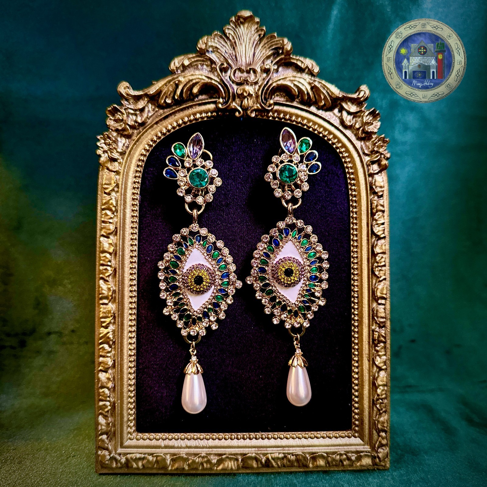 Mystic Eye Earrings Rhinestone Crystal Pearl Drop Gold Tone 925 Silver Posts