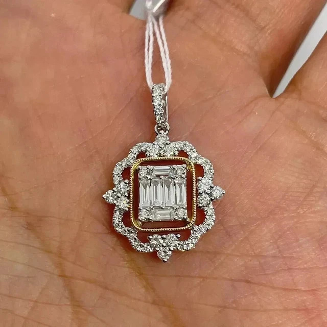 2Ct Emerald Cut Moissanite Art Deco Halo Cluster Pendant 14K White Gold Plated