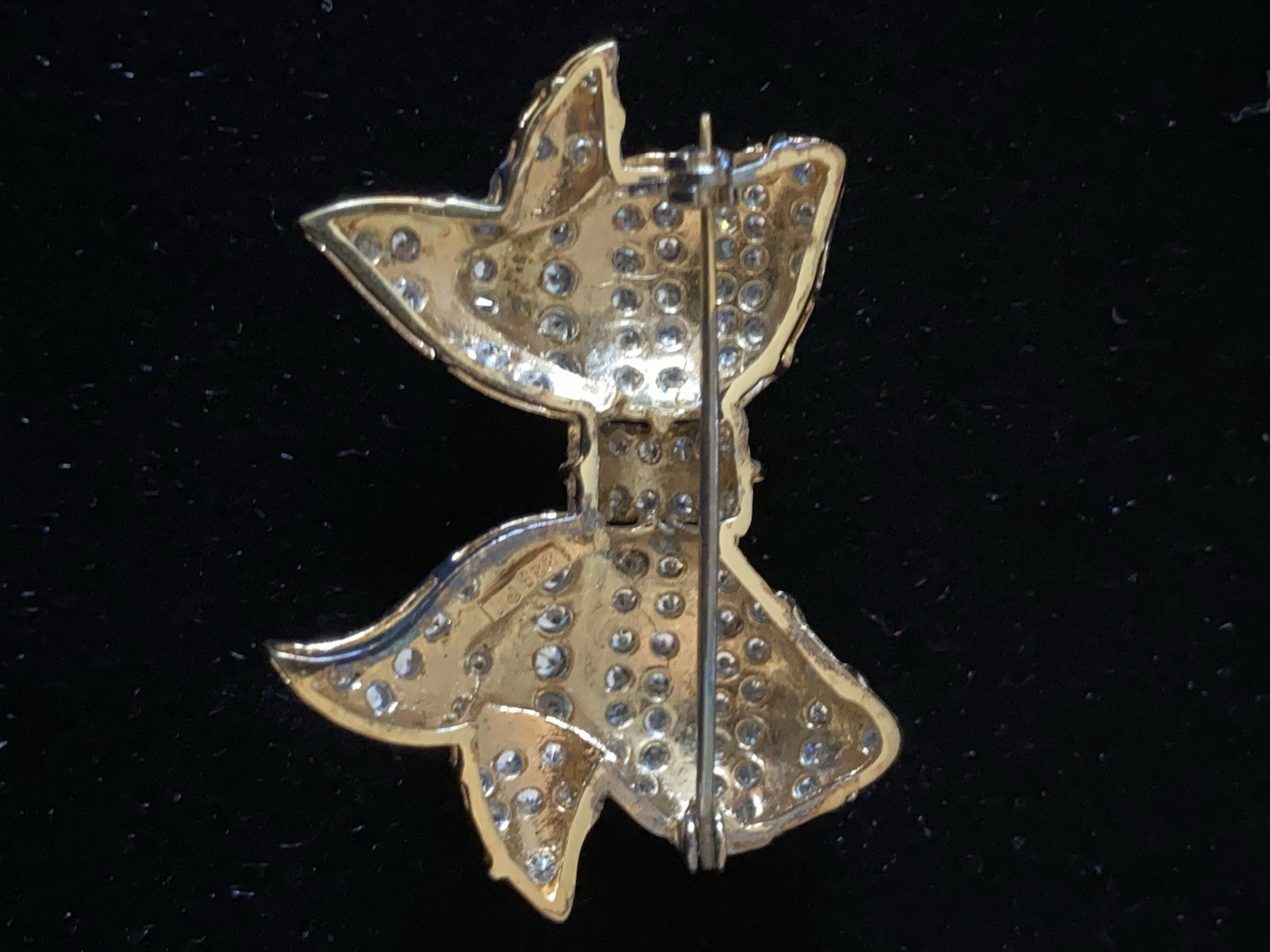 Large Sterling Silver Gold Wash 925 CZ Bow Shape Sparkly Pin Lush Signed PK