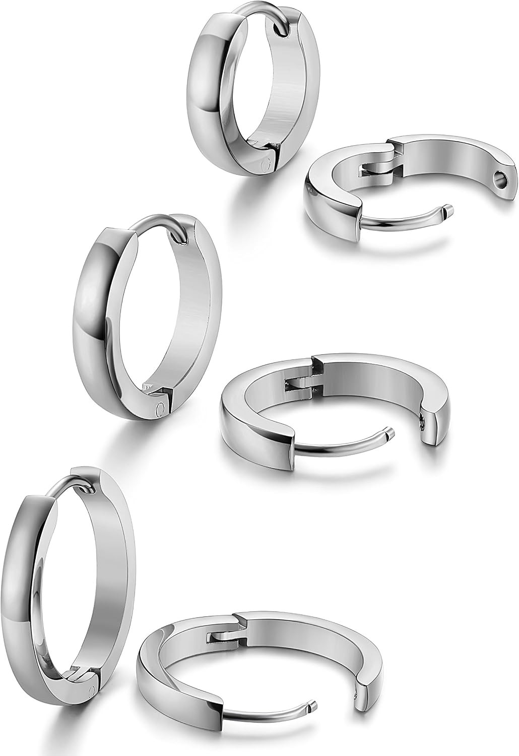 3Pairs Stainless Steel Mens Womens Hoop Earrings Huggie Ear Piercings Hypoallerg