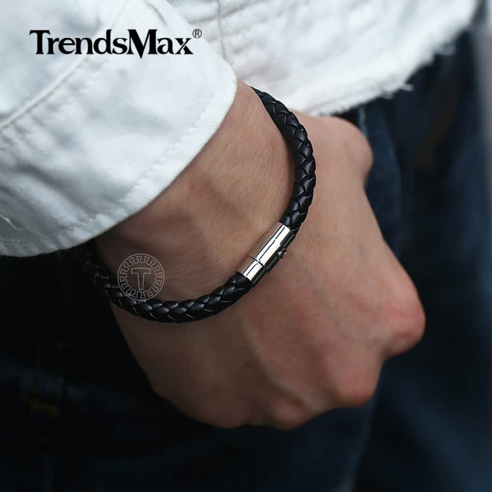 4/6/8mm Brown Black Braided Cord Rope Man-made Leather Bracelet Magnetic Clasp