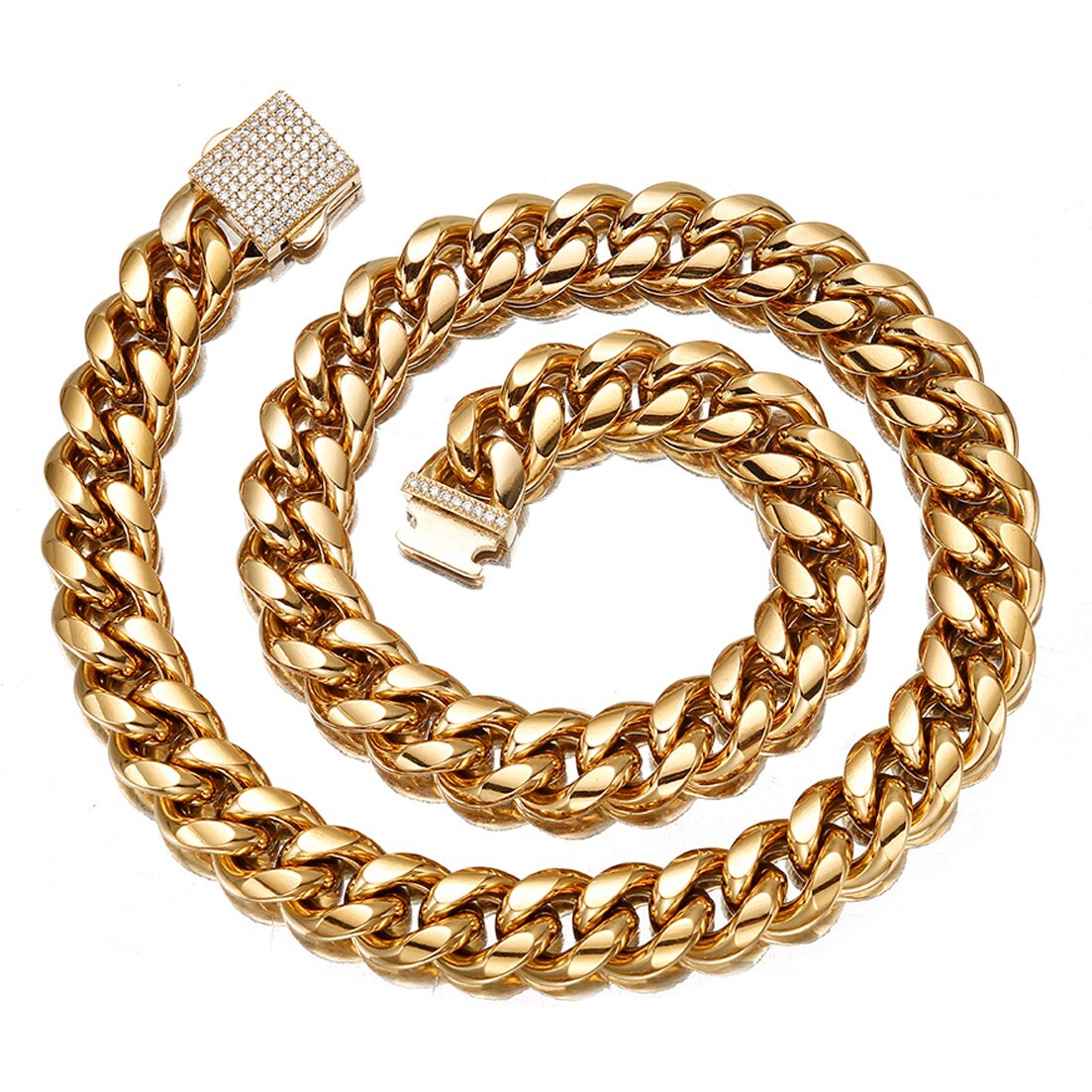 6-14mm Gold Tone Stainless Steel Miami Cuban Link Chain Necklace for Men Women