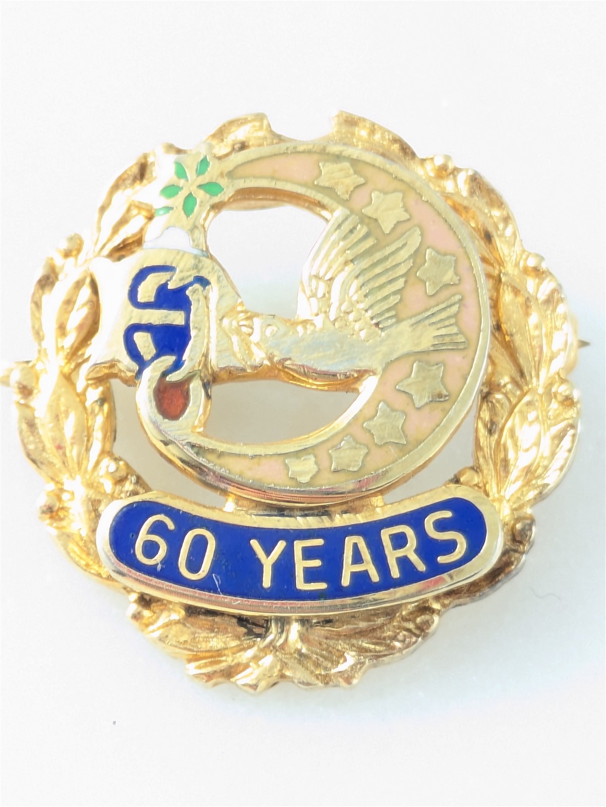 Vintage Sterling Silver Gold Dove Moon Odd Fellows Rebekah 60 Years Pin 3 Grams