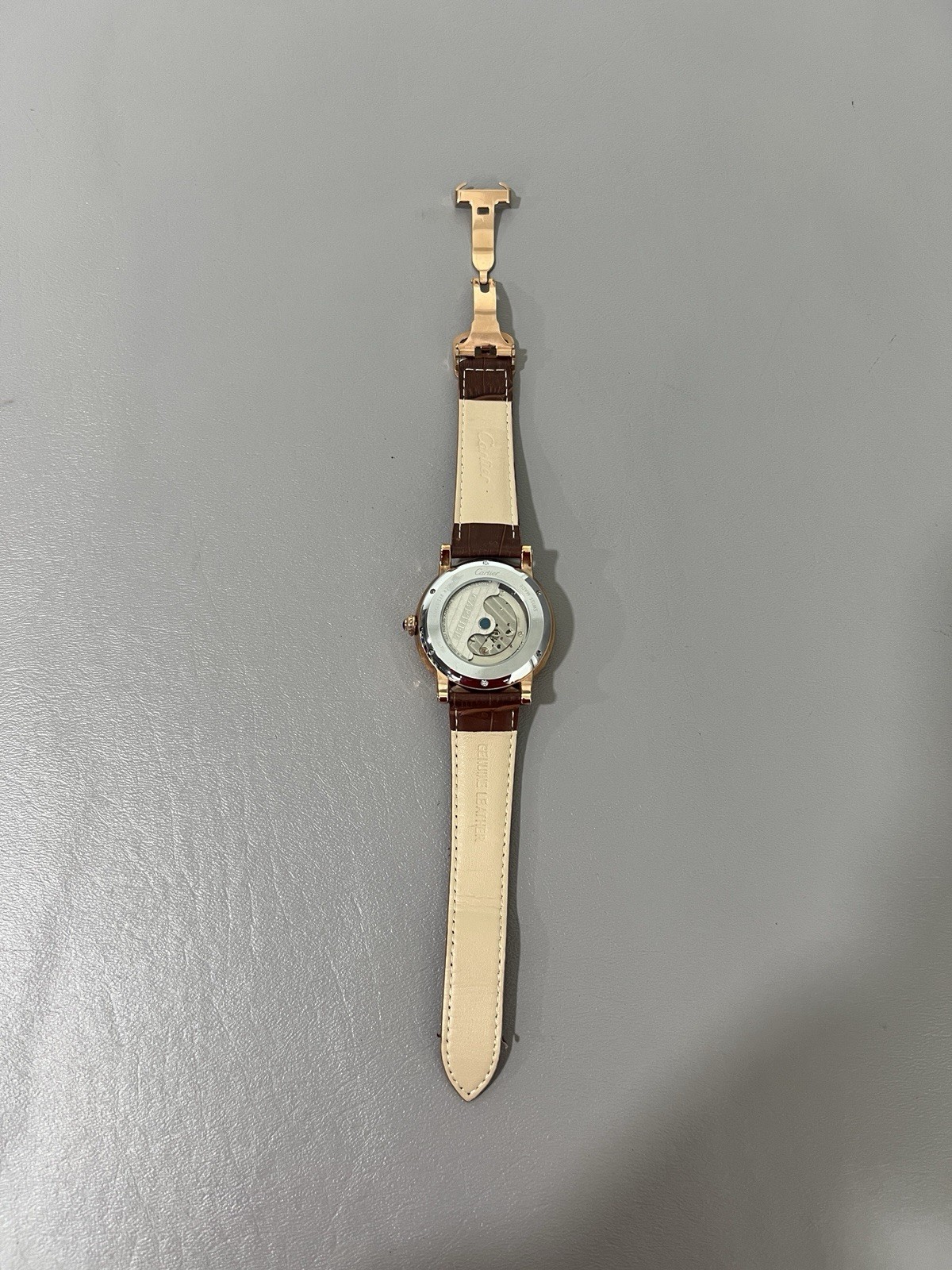 Cartier Mens Automatic Business Casual Watch Brown Leather Strap Rose Gold