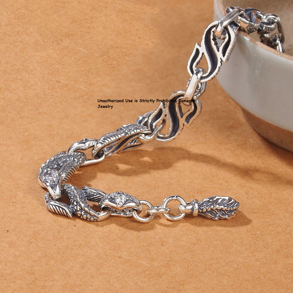 Pure S925 Sterling Silver Chain Men Women 4mm Dragon Link Bracelet 7.1-7.9in