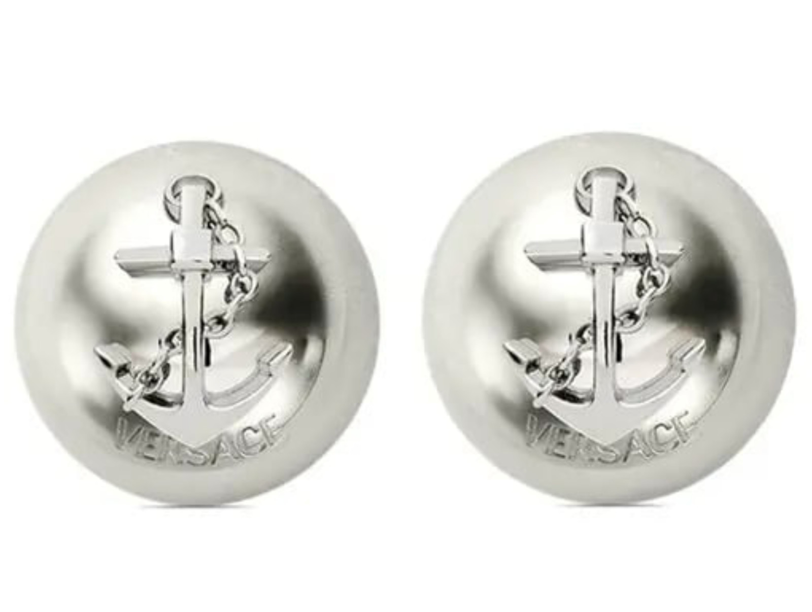 NIB Versace Nautical Anchor Logo Large Silver Sphere Round Ball Earrings $975