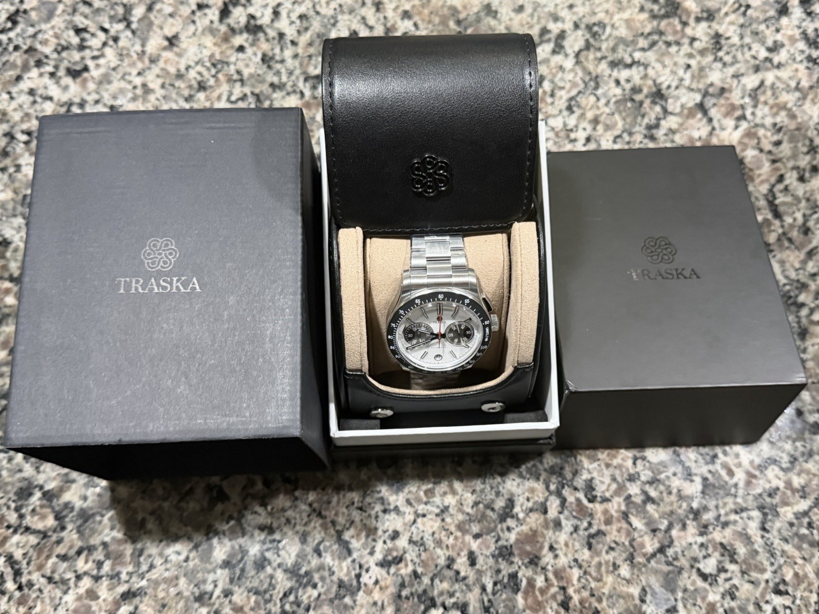 Traska Chronograph 39mm Silver Dial Automatic Date 200m Steel Bracelet Box