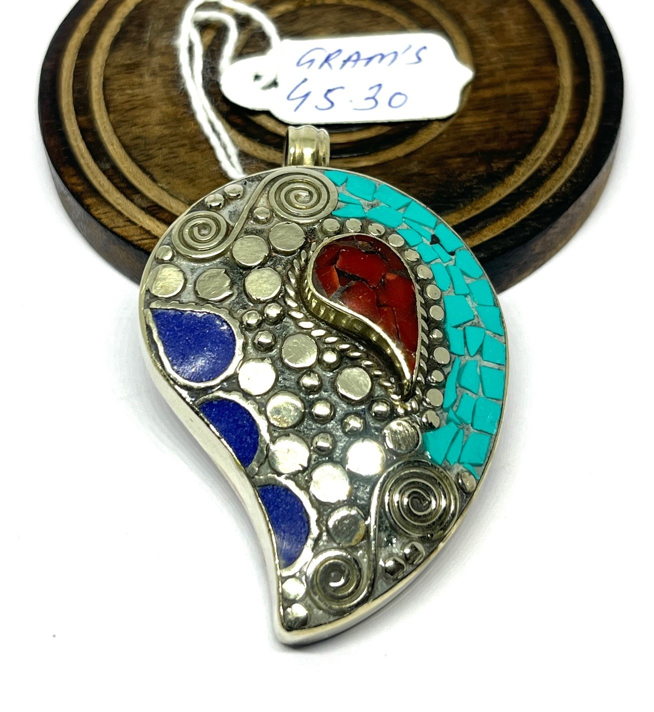 Handmade Turquoise Lapis Gemstone Tibetan Style Boho Pendant Jewelry, 2.2 inc
