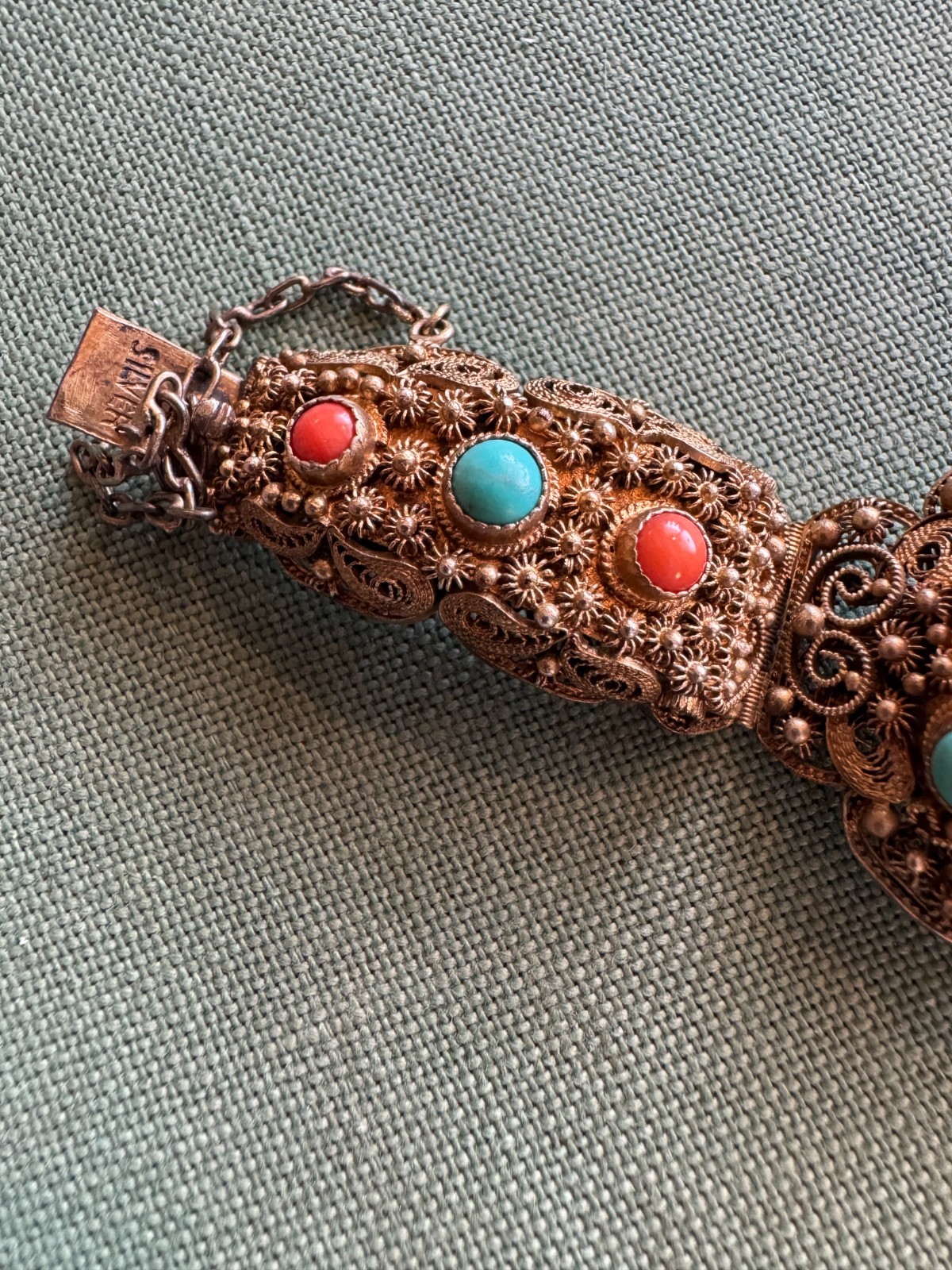 Intricate Gold Wash Silver, Turquoise & Coral Bracelet, ASIA, China, VINTAGE