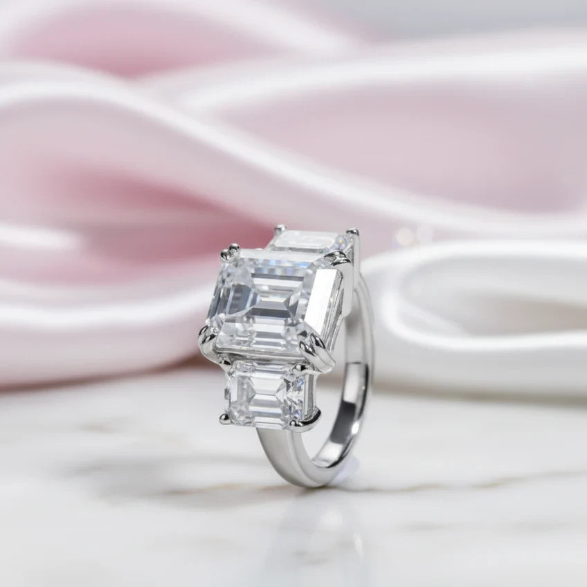 3CT Emerald Cut Created Diamond Option 3 Stone Engagement Ring In 925 Silver