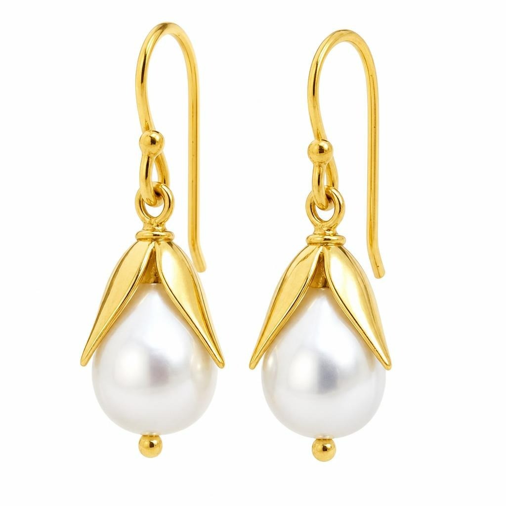 18K Gold Plated 925 Sterling Silver Simulated Pearl Floral Drop Earrings