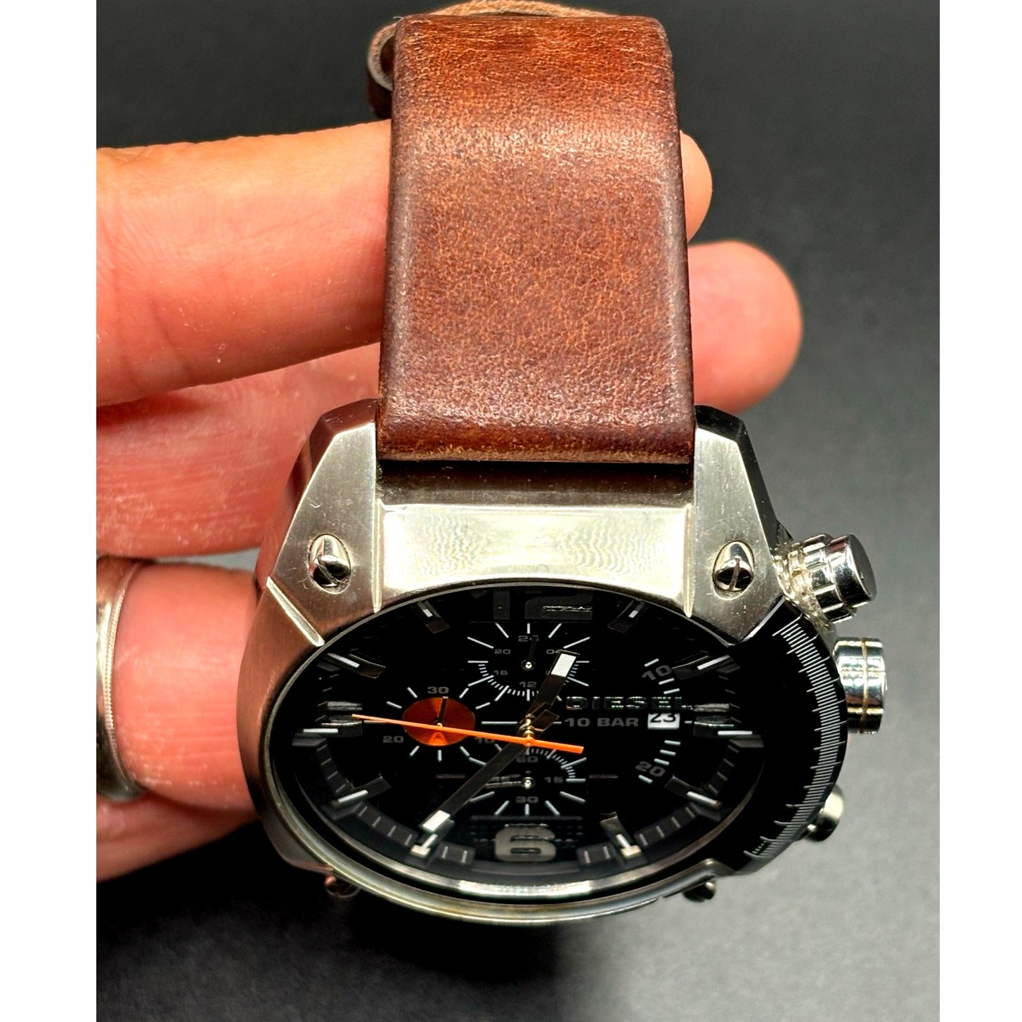 Diesel DZ4204 Men’s Overflow Chronograph Silver Case Brown Leather Watch