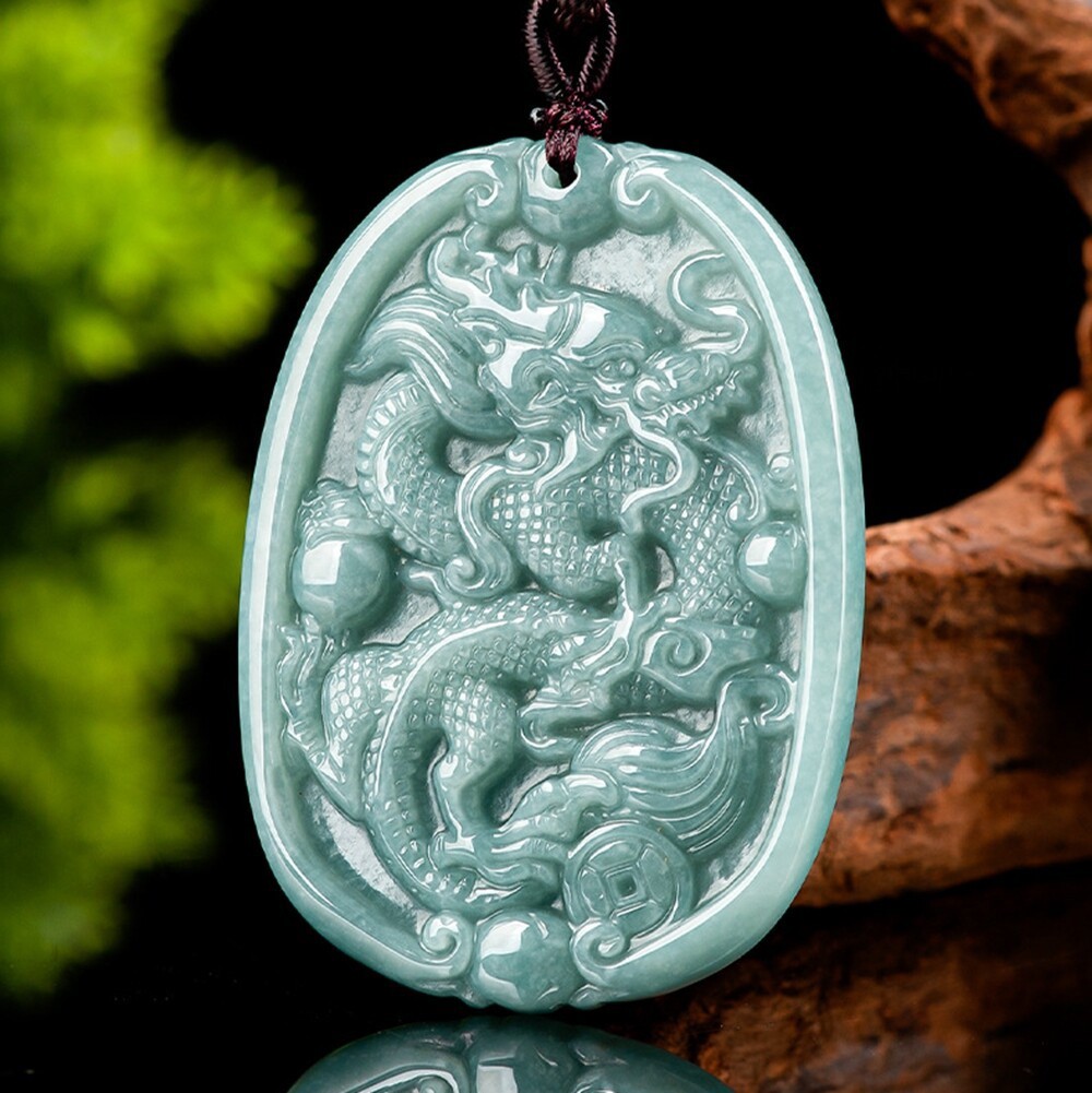 Certified Green Natural A Jade jadeite Gem Carved Zodiac Dragon Pendant Necklace