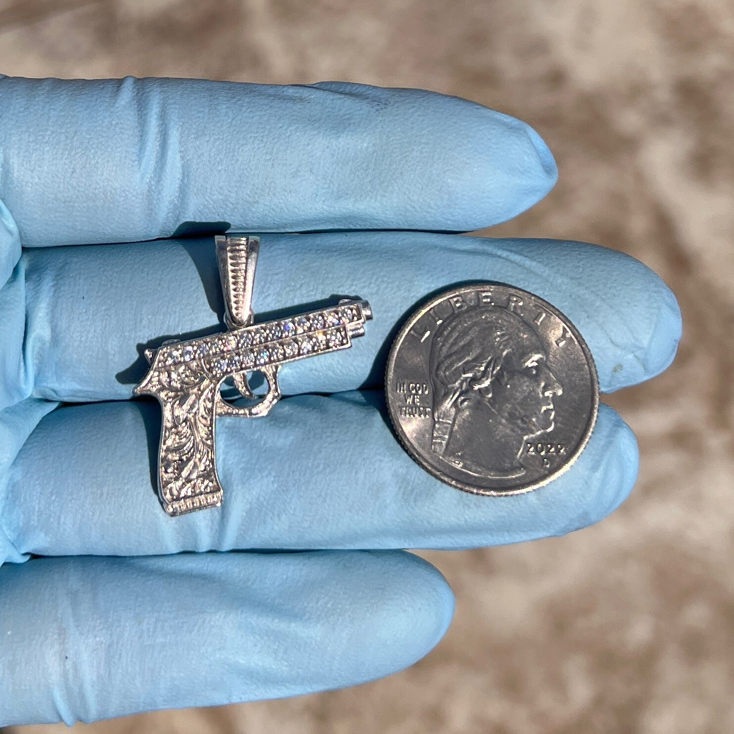 Real Solid 925 Sterling Silver Gun Pistol Scrollwork Engraving Iced CZ Pendant